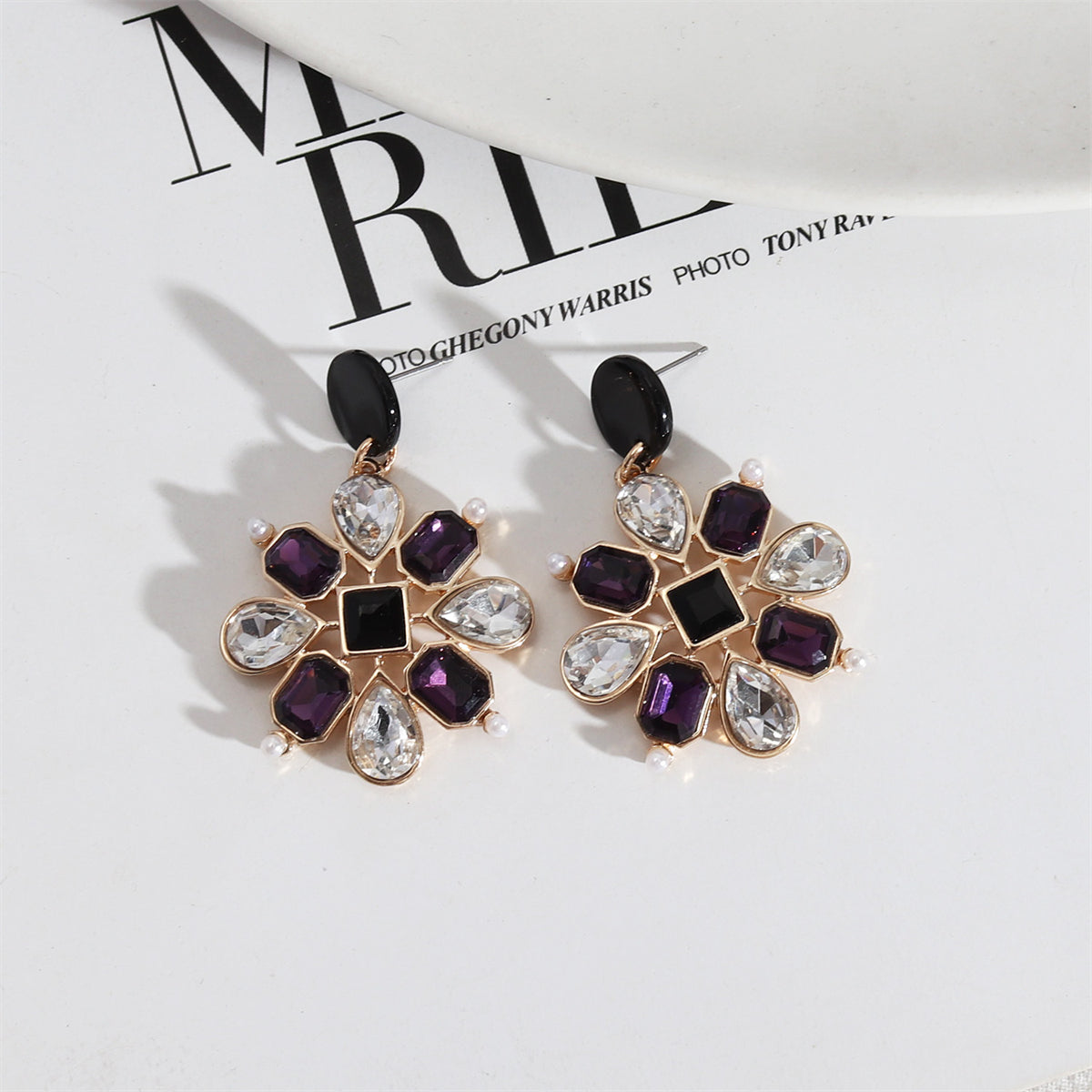 Purple Crystal and Acrylic Botanical Drop Earrings, drop earrings for women, everyday style, front view