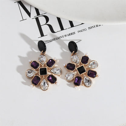 Purple Crystal and Acrylic Botanical Drop Earrings, drop earrings for women, everyday style, front view