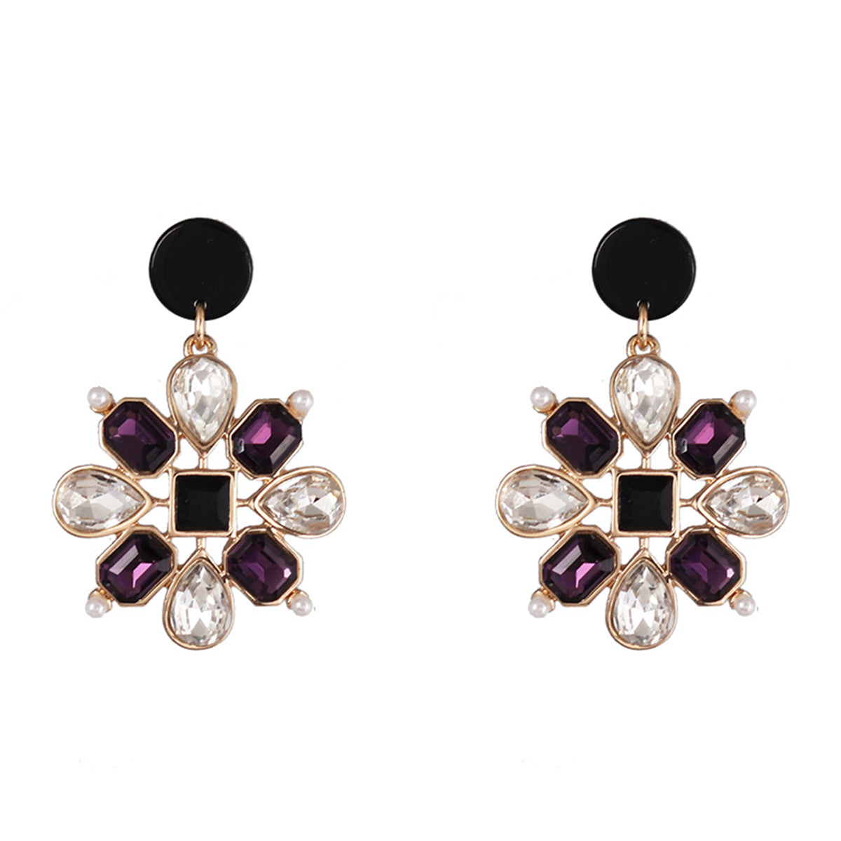 Purple Crystal and Acrylic Botanical Drop Earrings, drop earrings for women, everyday style, side view