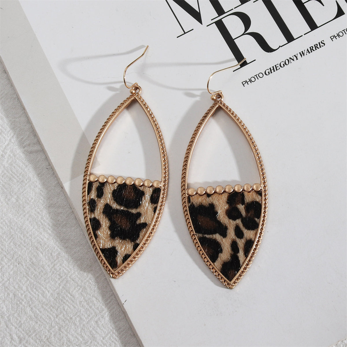 Khaki Polystyrene and 18K Gold-Plated Leopard-Print Drop Earrings, gold drop earrings for women, front view