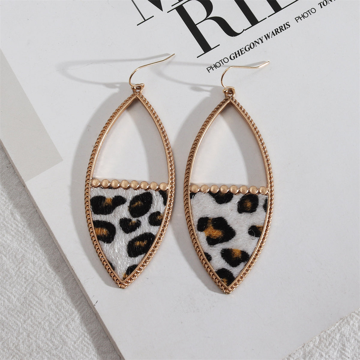 White Polystyrene and 18K Gold-Plated Leopard-Print Leaves Drop Earrings, gold drop earrings for women, front view