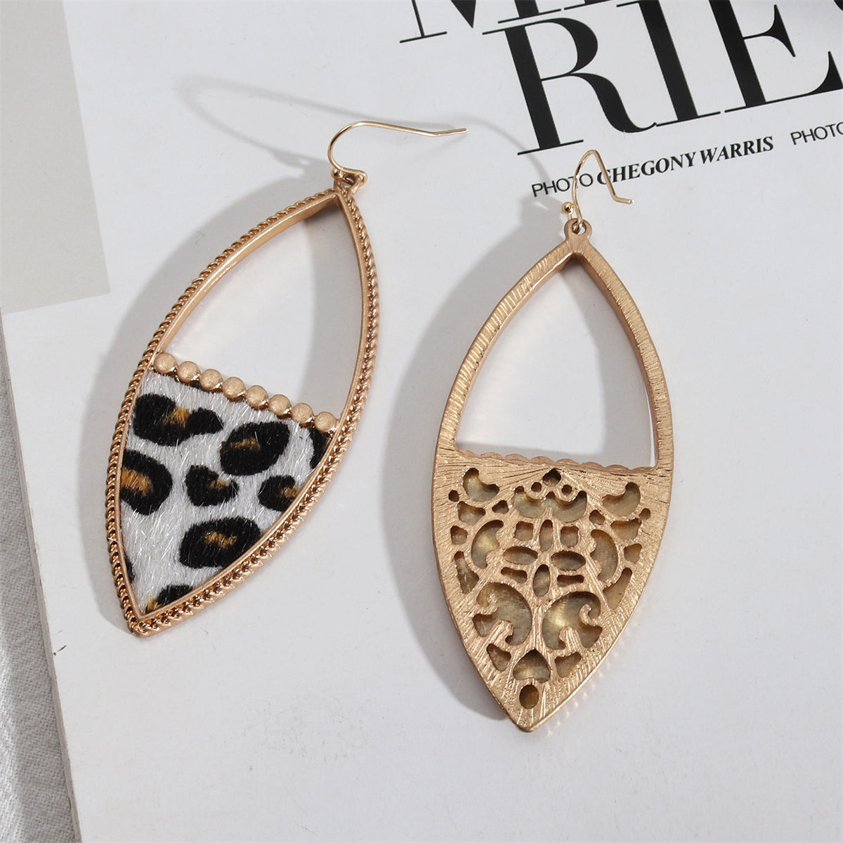 White Polystyrene and 18K Gold-Plated Leopard-Print Leaves Drop Earrings, gold drop earrings for women, side view