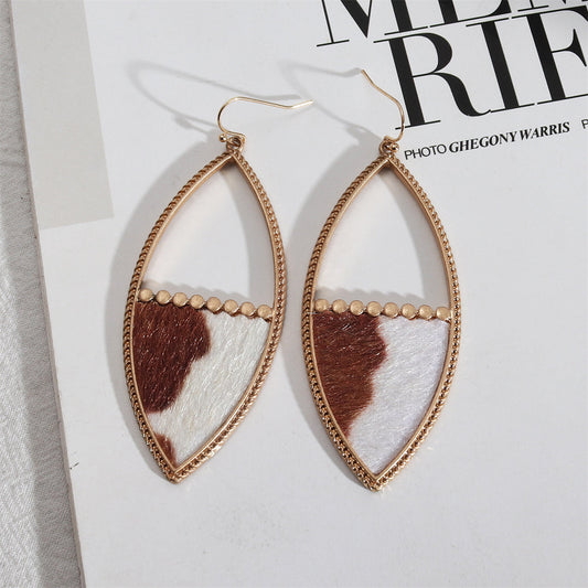 Brown Polystyrene and 18K Gold-Plated Cow-Print Leaves Drop Earrings, gold drop earrings for women, front view