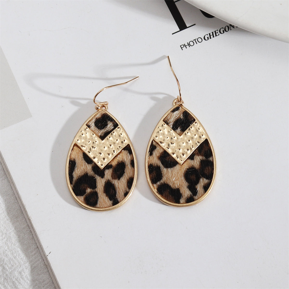 Khaki Polystyrene and 18K Gold-Plated Leopard-Print Teardrop Earrings, gold drop earrings for women, side view