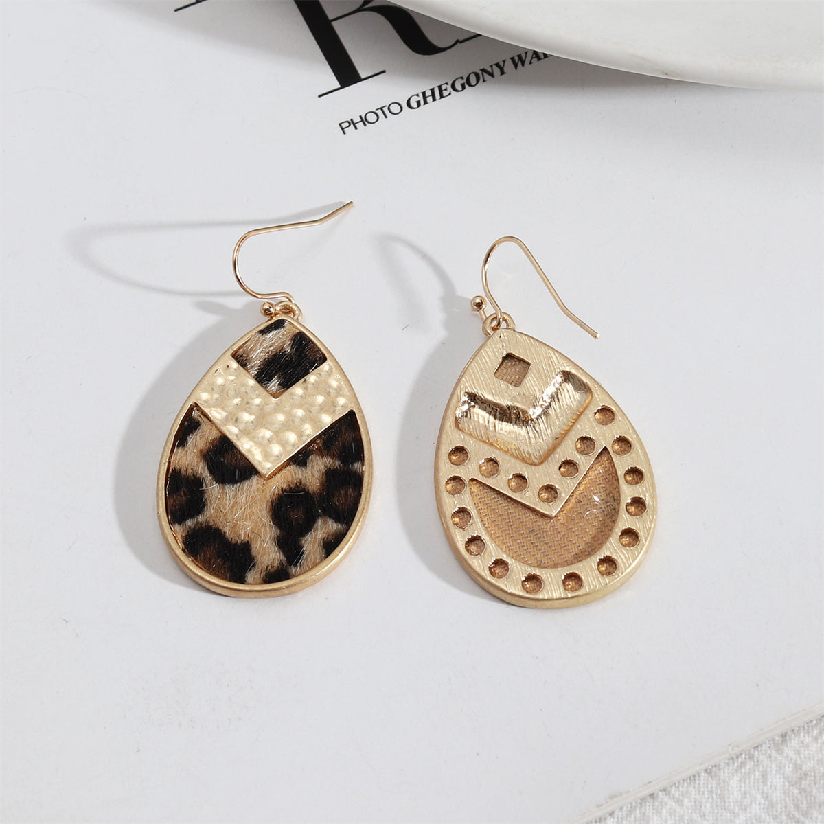 Khaki Polystyrene and 18K Gold-Plated Leopard-Print Teardrop Earrings, gold drop earrings for women, detail close-up