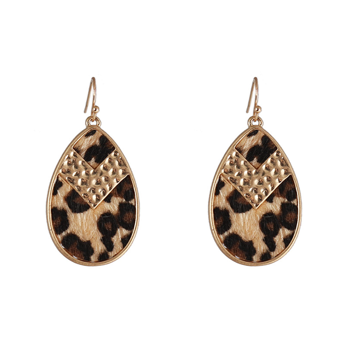 Khaki Polystyrene and 18K Gold-Plated Leopard-Print Teardrop Earrings, gold drop earrings for women, front view