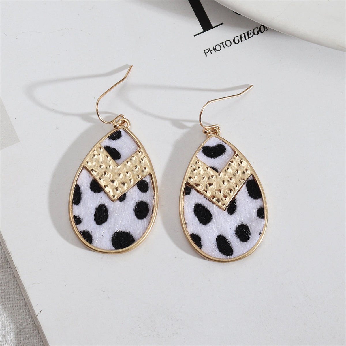 White Polystyrene and 18K Gold-Plated Spot Tearrop Earrings, gold drop earrings for women, front view