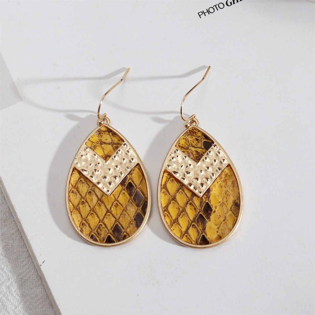 Yellow Polystyrene and 18K Gold-Plated Snake-Embossed Teardrop Earrings, gold drop earrings for women, front view