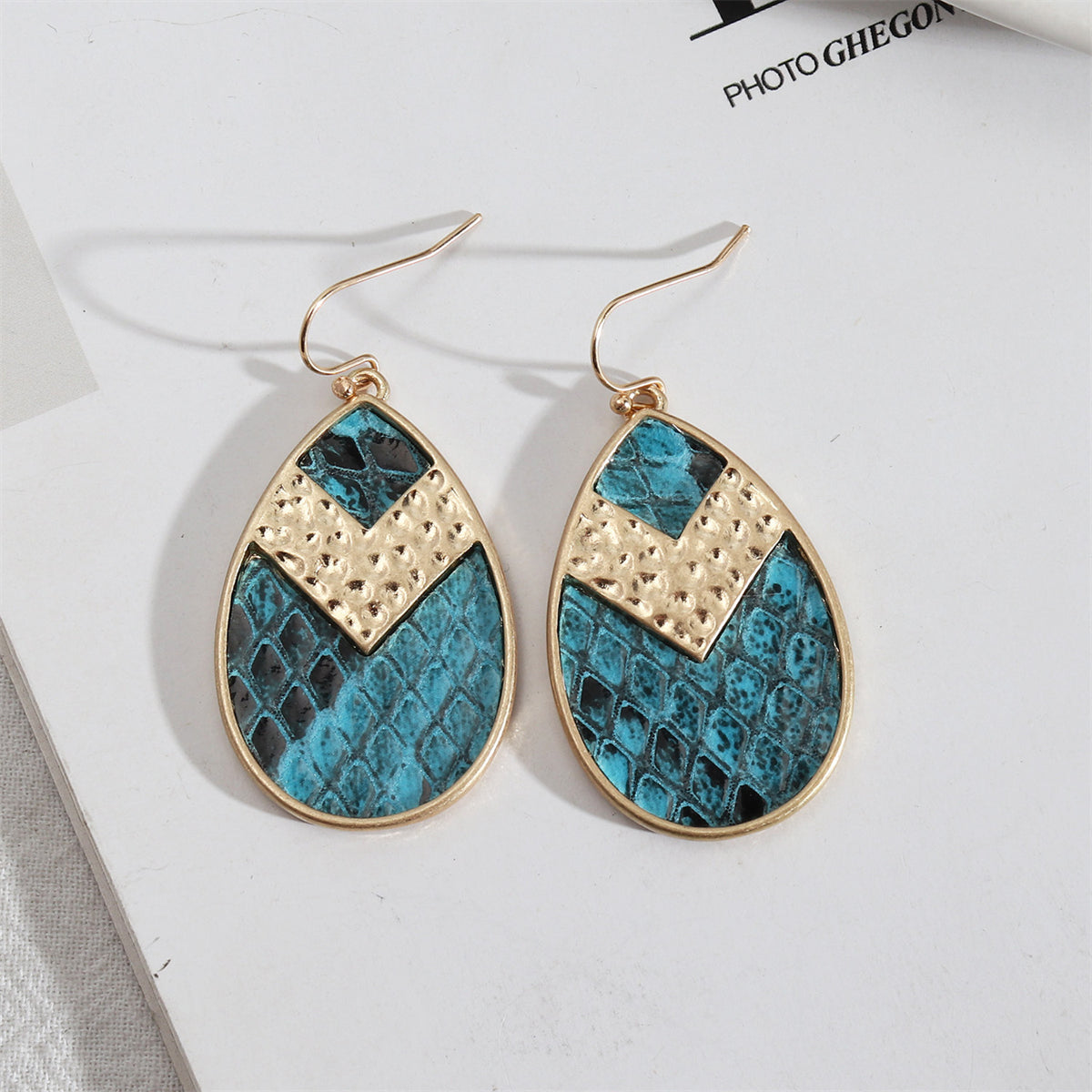 Blue Polystyrene and 18K Gold-Plated Snake-Embossed Teardrop Earrings, gold drop earrings for women, front view