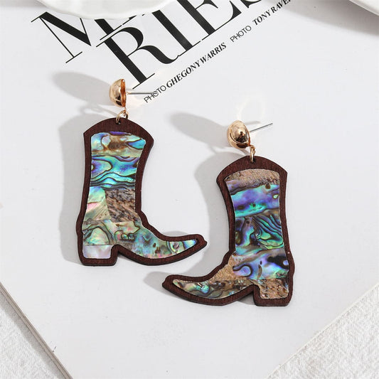 Abalone Shell and Wood Cowboy Boot Drop Earrings, drop earrings for women, dainty minimalist design, front view