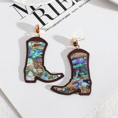 Abalone Shell & Wood Cowboy Boot Drop Earrings