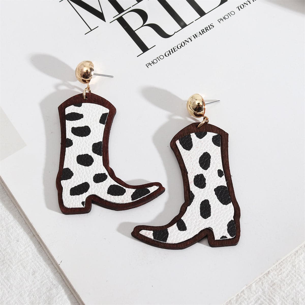 Black and Wood Spots Cowboy Boot Drop Earrings, drop earrings for women, elegant gift for her, front view