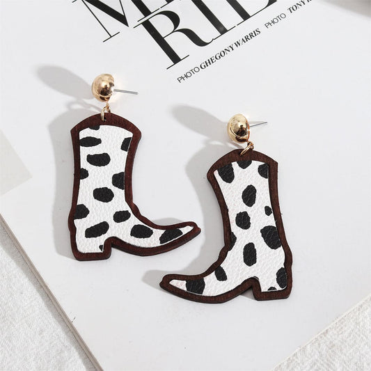 Black and Wood Spots Cowboy Boot Drop Earrings, drop earrings for women, elegant gift for her, front view