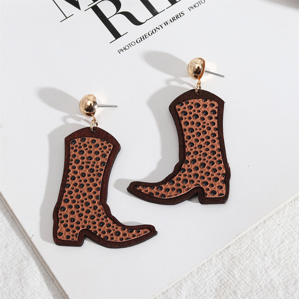 Brown and Wood Spots Cowboy Boot Drop Earrings, drop earrings for women, botanical inspired, front view