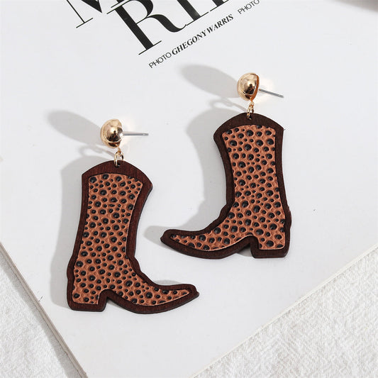 Brown and Wood Spots Cowboy Boot Drop Earrings, drop earrings for women, botanical inspired, front view