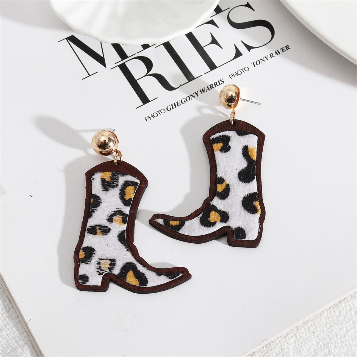 Black and Wood Leopard-Print Cowboy Boot Drop Earrings, drop earrings for women, everyday style, front view