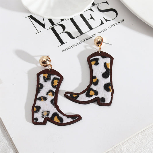 Black and Wood Leopard-Print Cowboy Boot Drop Earrings, drop earrings for women, everyday style, front view