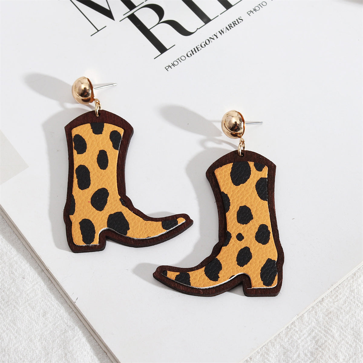 Yellow and Wood Spots Cowboy Boot Drop Earrings, drop earrings for women, botanical inspired, front view