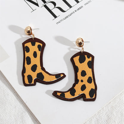 Yellow and Wood Spots Cowboy Boot Drop Earrings, drop earrings for women, botanical inspired, front view