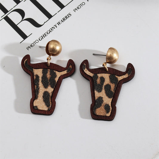 Beige Polystyrene and Wood Leopard Cattle Drop Earrings, drop earrings for women, vintage-inspired design, front view