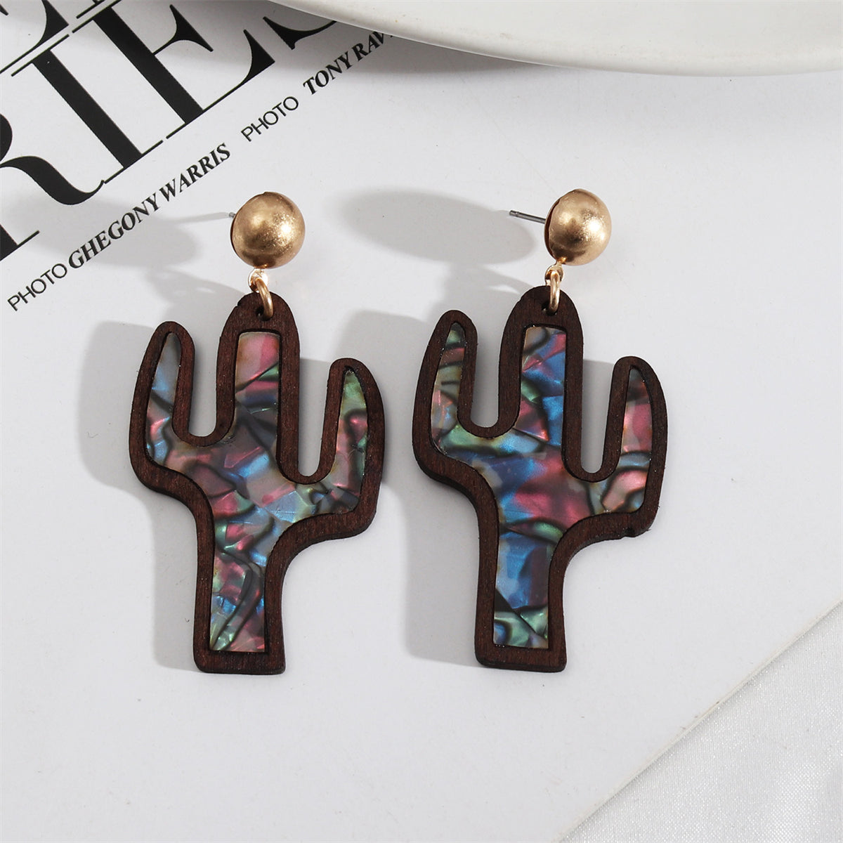 Blue Shell and Brown Wood Cactus Drop Earrings, drop earrings for women, elegant gift for her, front view