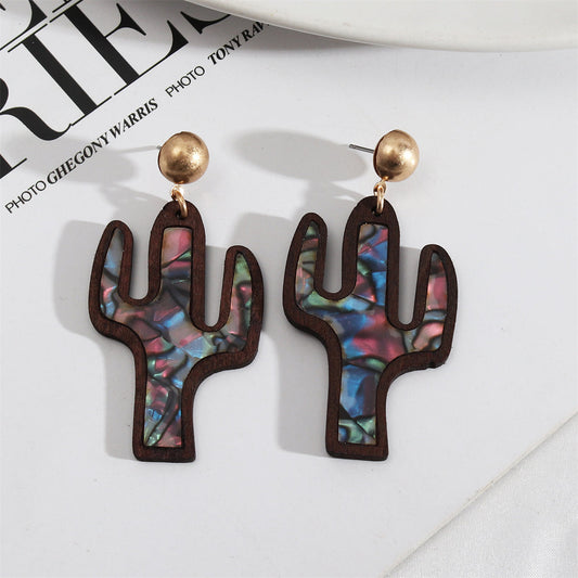 Blue Shell and Brown Wood Cactus Drop Earrings, drop earrings for women, elegant gift for her, front view