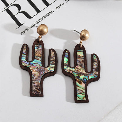 Abalone Shell and Wood Cactus Drop Earrings, drop earrings for women, everyday style, front view