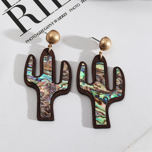 Abalone Shell and Wood Cactus Drop Earrings, drop earrings for women, everyday style, front view
