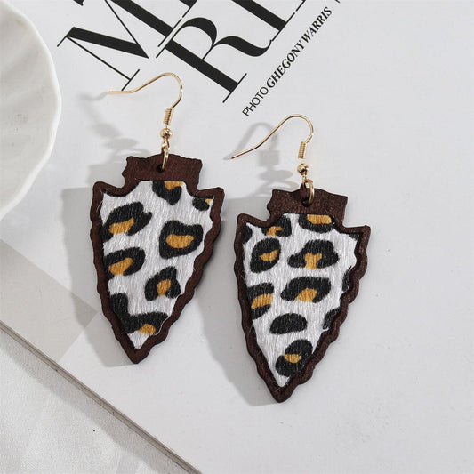 White Polystyrene and Wood 18K Gold-Plated Leopard Arrowhead Drop Earrings, gold drop earrings for women, front view