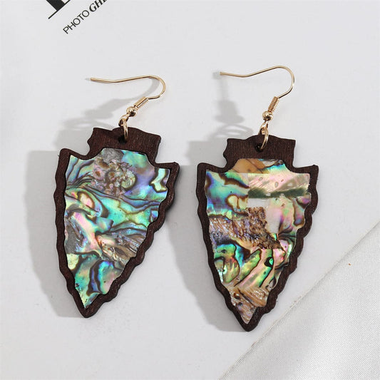 Abalone Shell and Wood Arrowhead Drop Earrings, drop earrings for women, vintage-inspired design, front view
