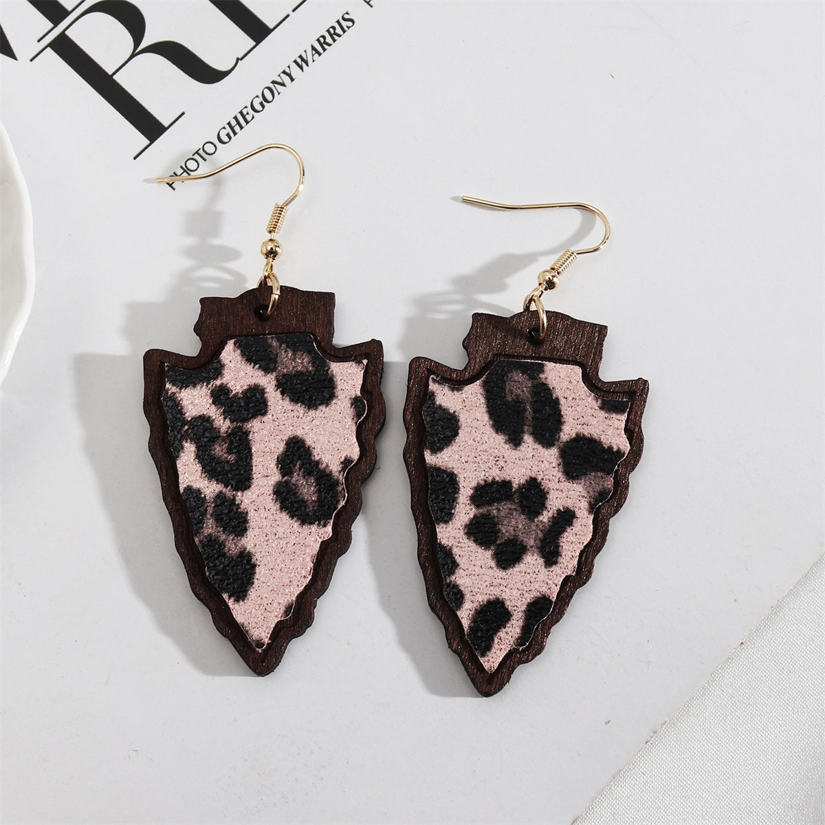 Purple Polystyrene & Wood Leopard Shield Drop Earrings