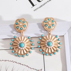 Pearl & Turquoise 18K Gold-Plated Sunflower Drop Earrings