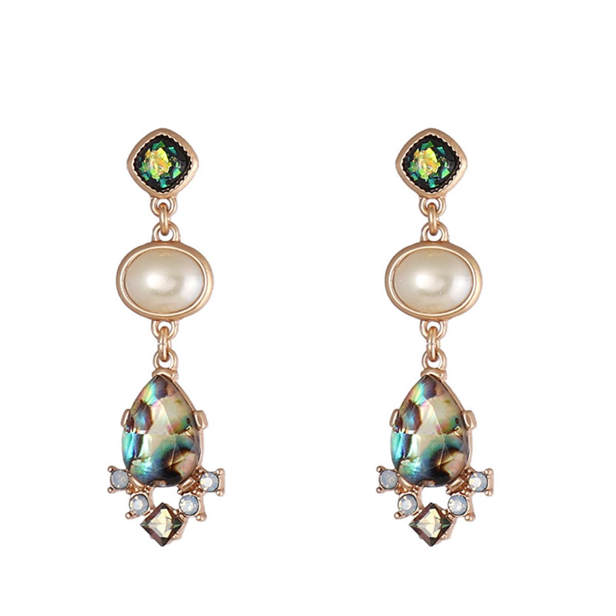 Pearl and Abalone Shell 18K Gold-Plated Drop Earrings, gold drop earrings for women, everyday style, front view