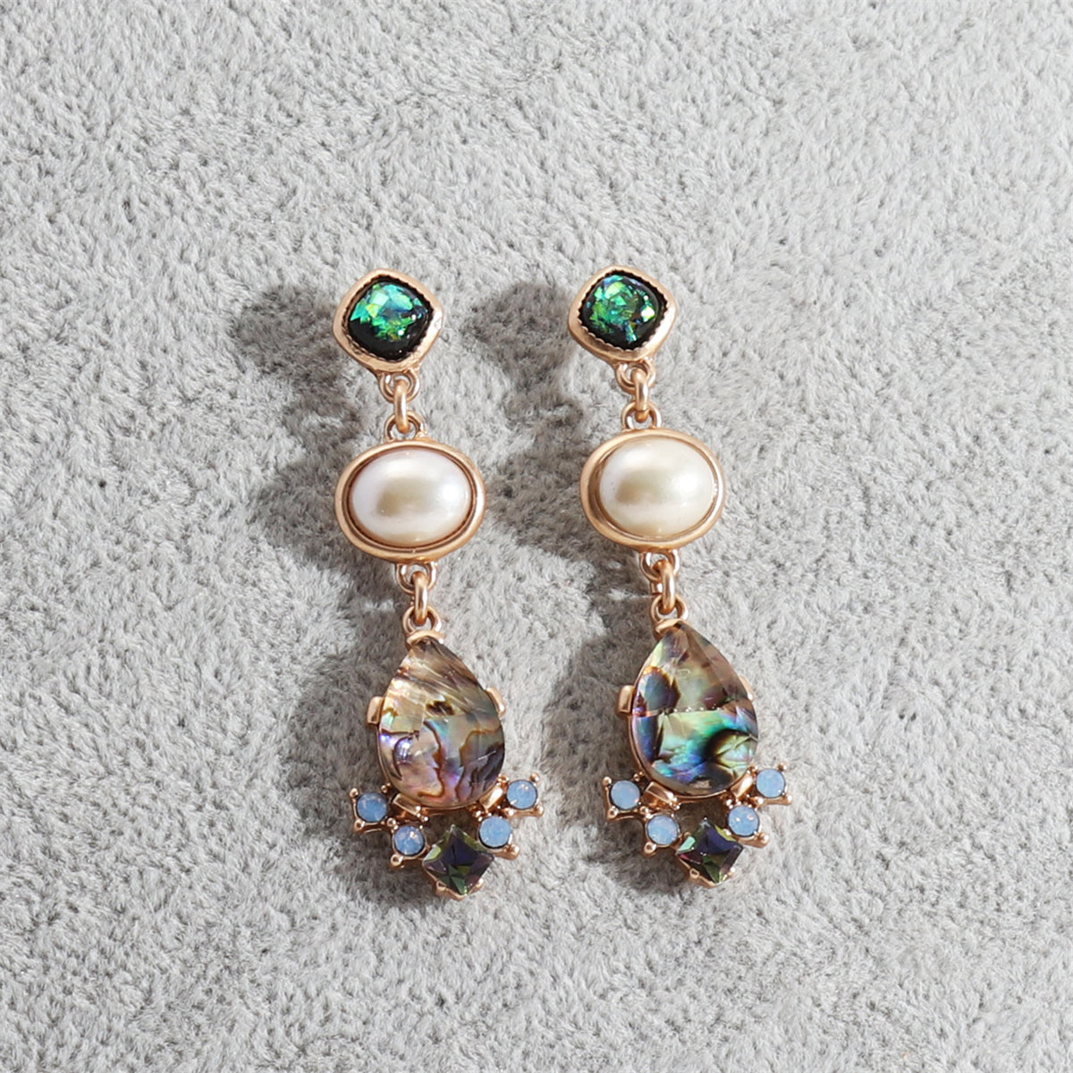 Pearl and Abalone Shell 18K Gold-Plated Drop Earrings, gold drop earrings for women, everyday style, detail close-up