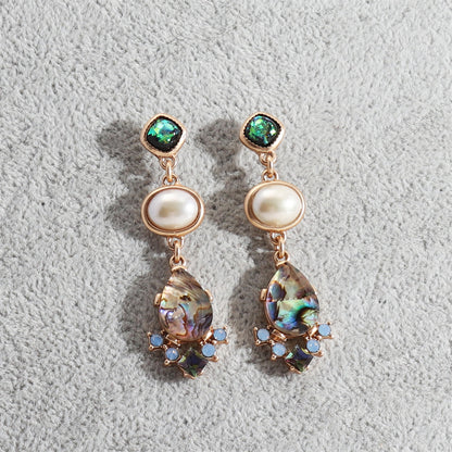 Pearl and Abalone Shell 18K Gold-Plated Drop Earrings, gold drop earrings for women, everyday style, detail close-up