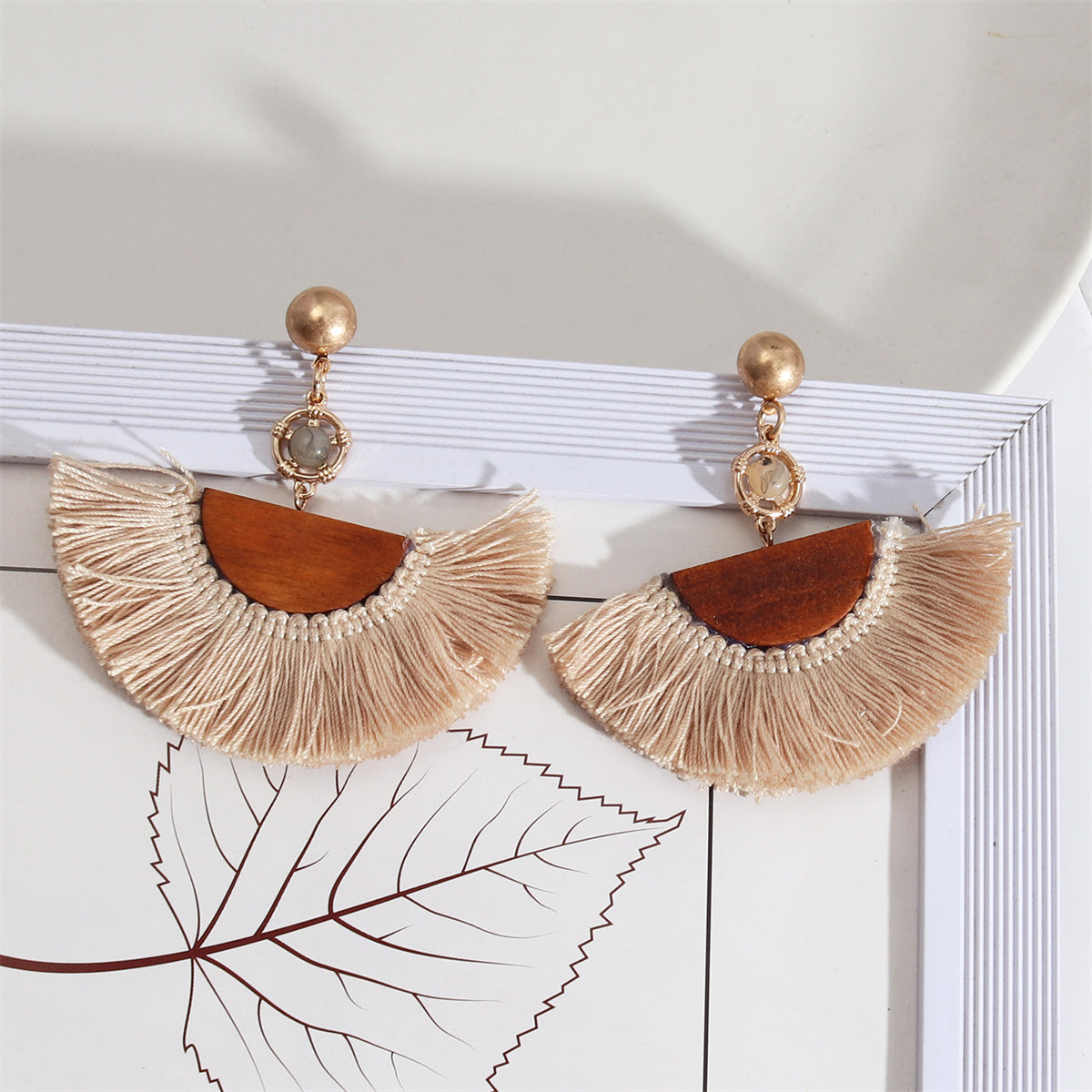 Beige Polyster & Wood Resin 18K Gold-Plated Fan Drop Earrings