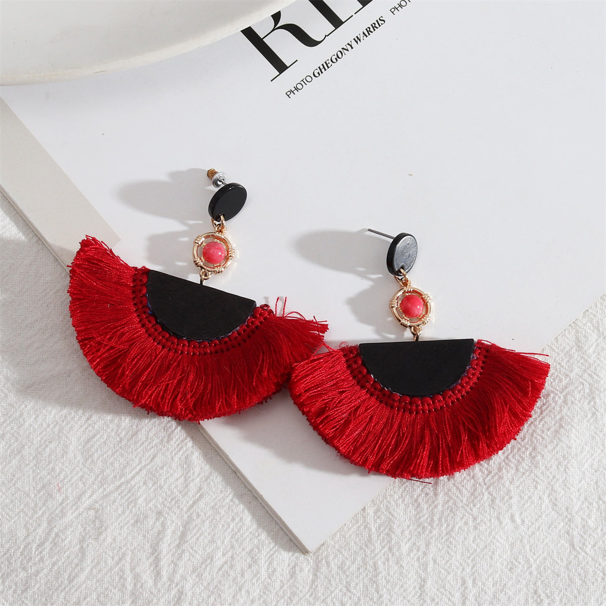 Red Polyester & Wood Fan Drop Earrings