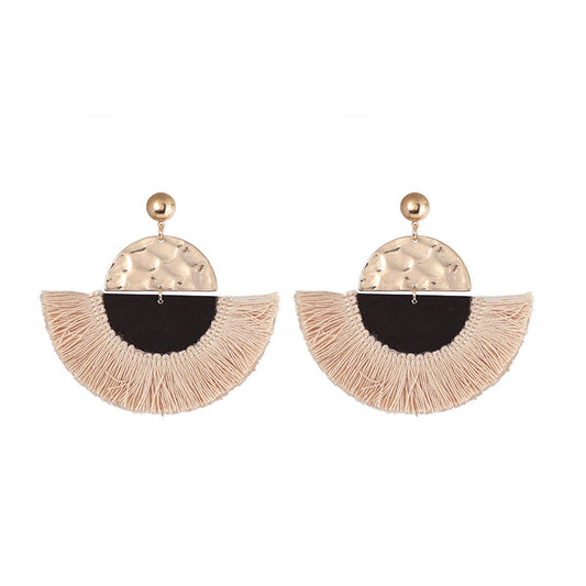 Beige Polyster and Wood 18K Gold-Plated Patchwork Fan Drop Earrings, gold drop earrings for women, front view