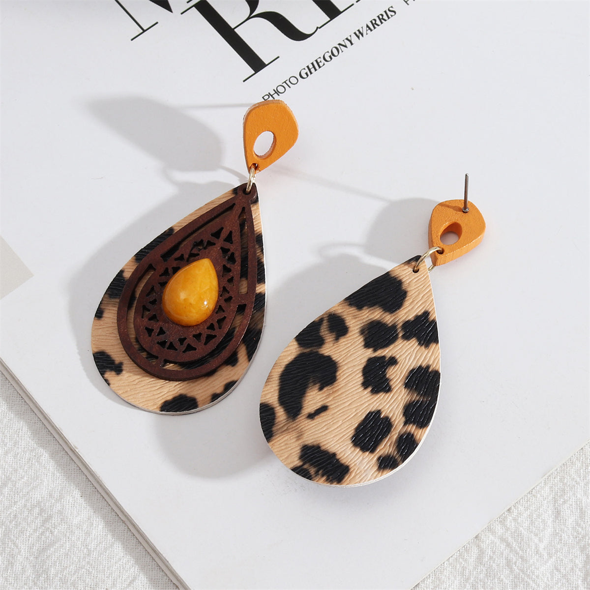 Yellow Resin and Wood Leopard Teardrop Earrings, drop earrings for women, botanical inspired, side view