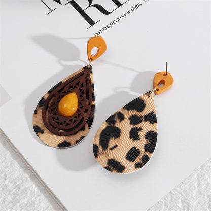 Yellow Resin and Wood Leopard Teardrop Earrings, drop earrings for women, botanical inspired, side view