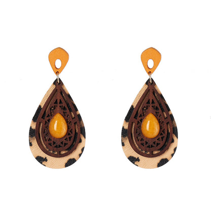 Yellow Resin and Wood Leopard Teardrop Earrings, drop earrings for women, botanical inspired, detail close-up