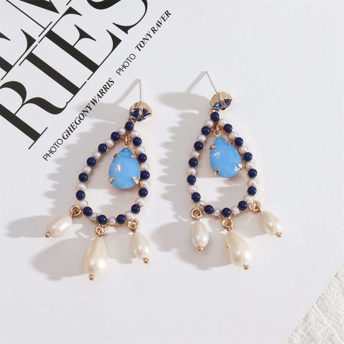Blue Cubic Zirconia & Pearl 18K Gold-Plated Teardrop Earrings