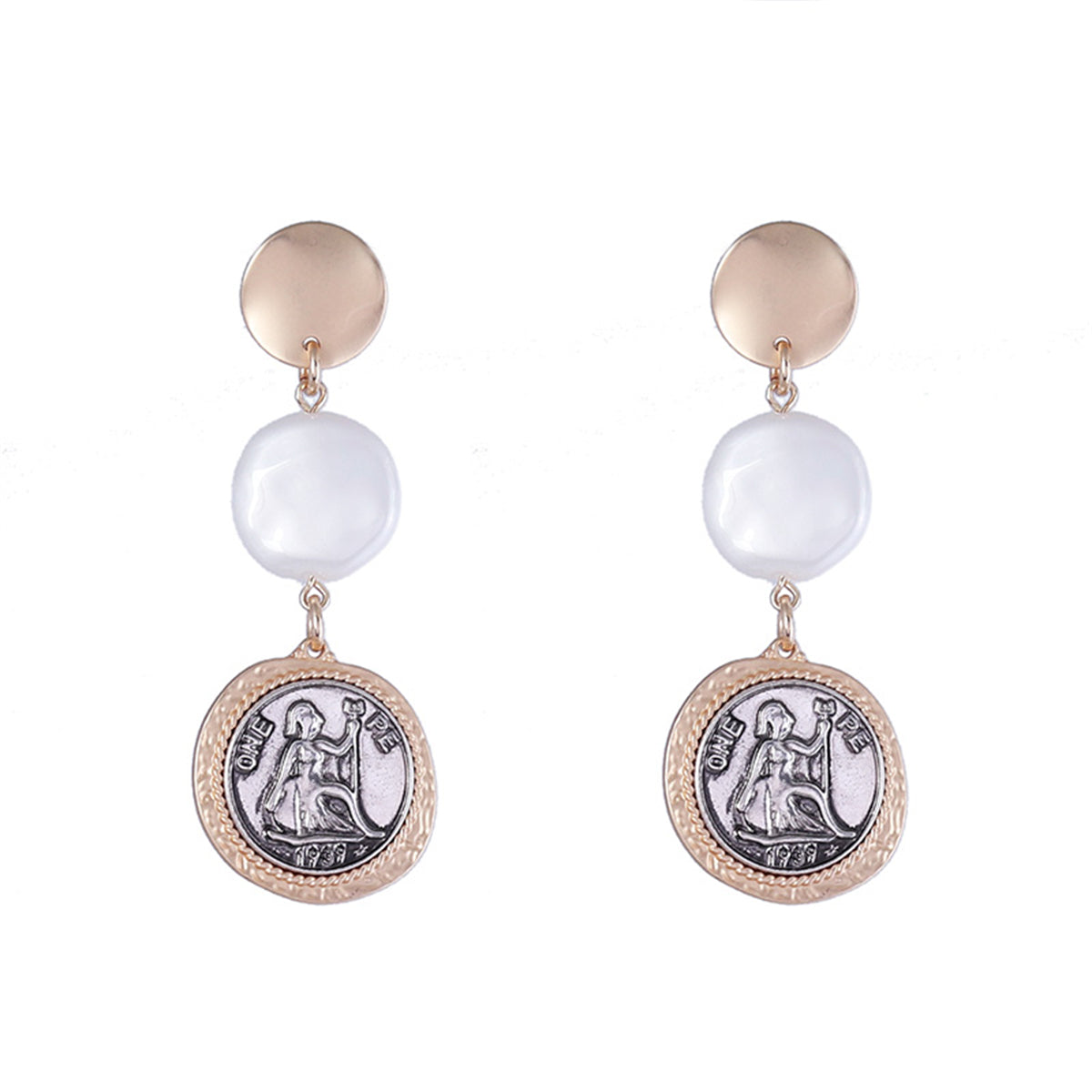 Pearl & Two-Tone Coin Drop Earrings