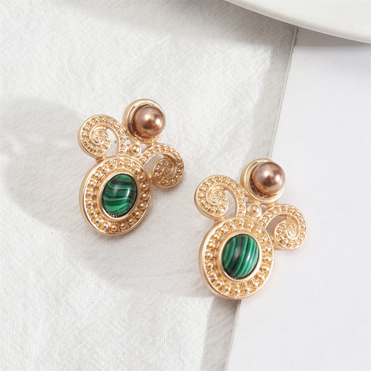 Green Malachite & Pearl 18K Gold-Plated Botanical Stud Earrings