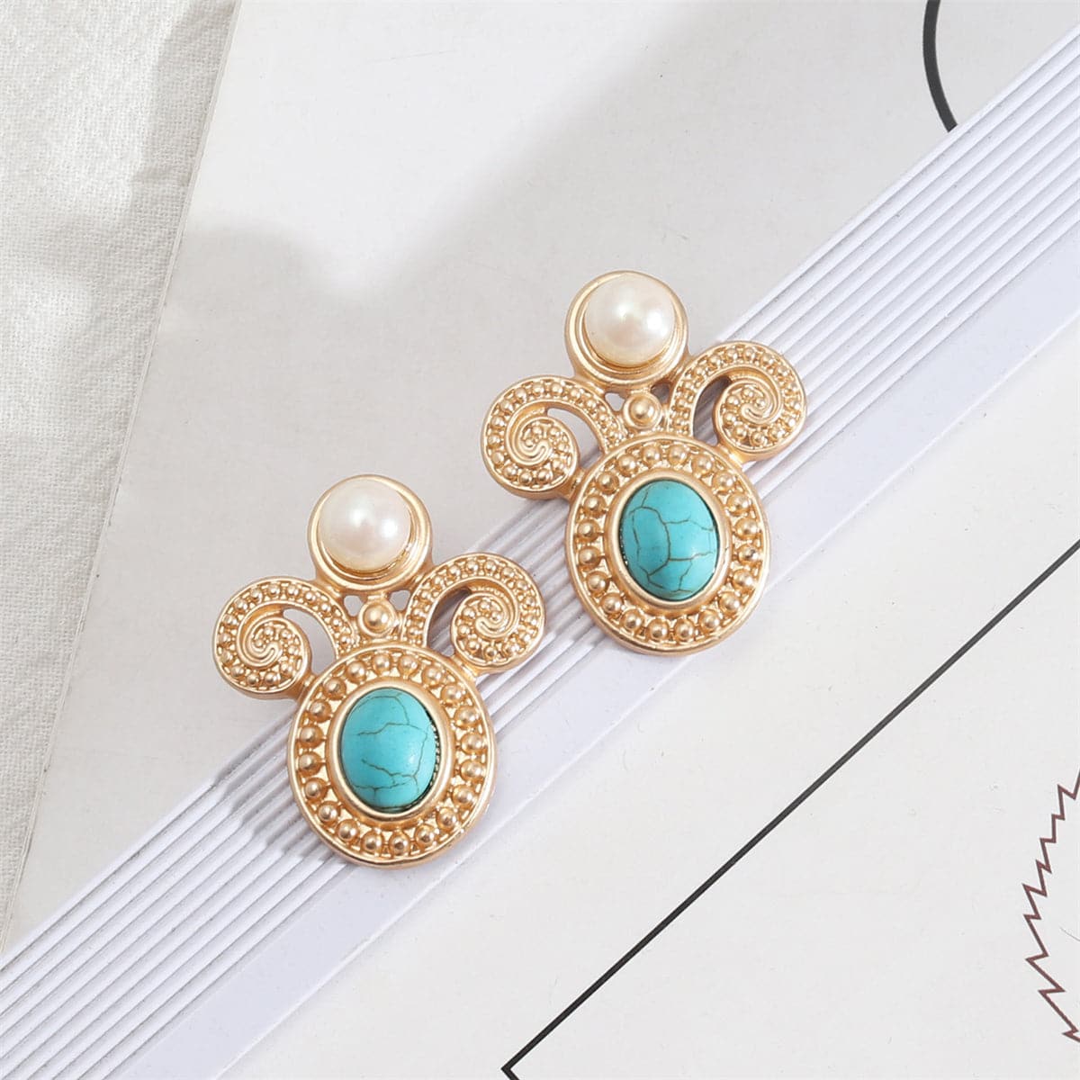 Turquoise & Pearl 18K Gold-Plated Filigree Stud Earrings