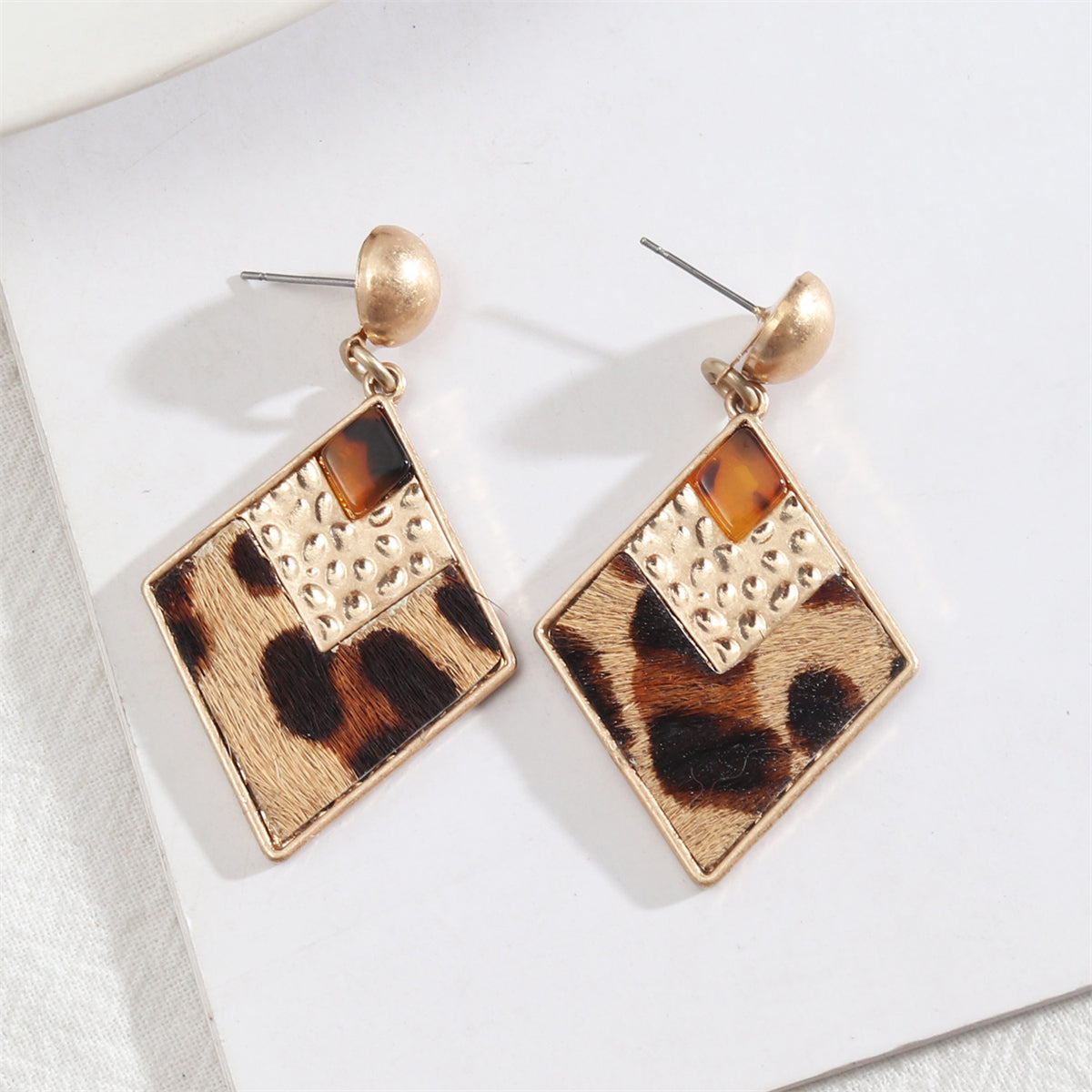 Resin and Polystyrene 18K Gold-Plated Leopard Print Rhombus Dangle Earring, gold drop earrings for women, front view