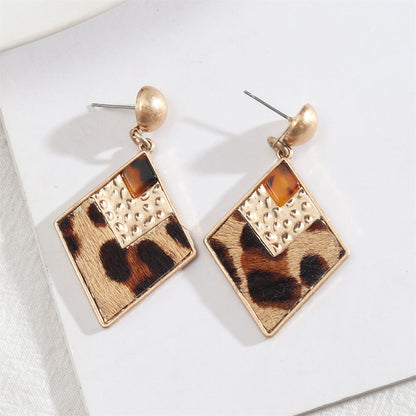 Resin and Polystyrene 18K Gold-Plated Leopard Print Rhombus Dangle Earring, gold drop earrings for women, front view