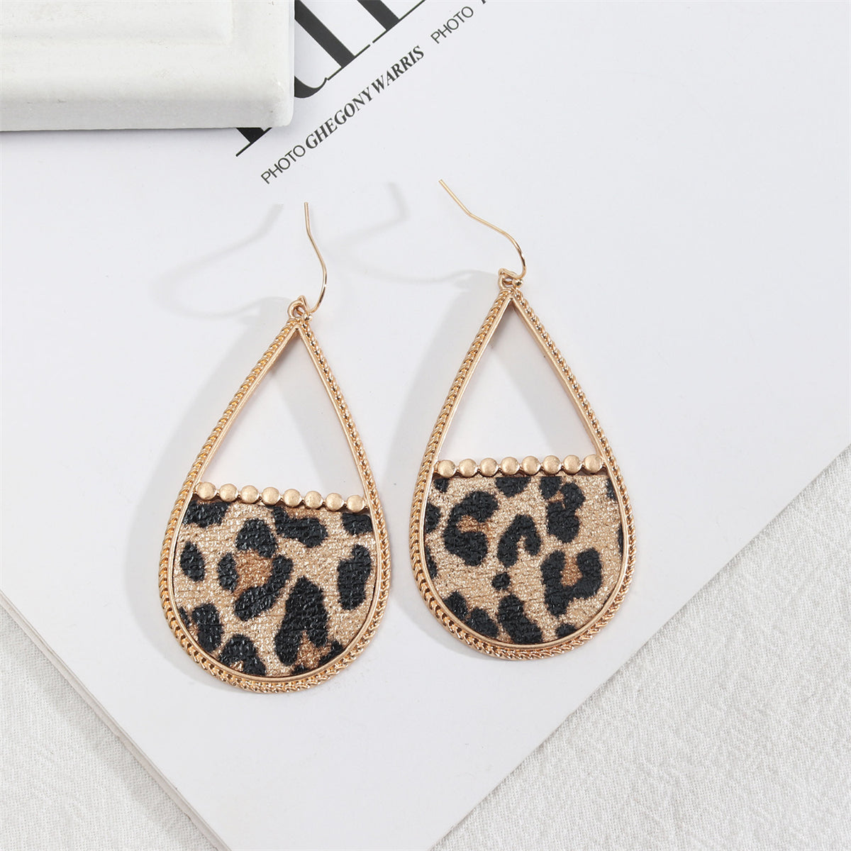 Khaki Polyurethane and 18K Gold-Plated Leopard Open Teardrop Earrings, gold drop earrings for women, front view