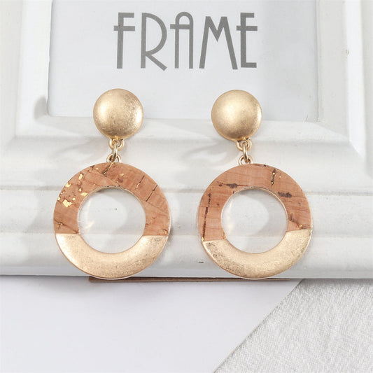 Wood and 18K Gold-Plated Patchwork Circle Drop Earrings, gold drop earrings for women, dainty minimalist design, front view