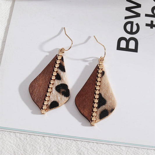 Light Coffee Wood and 18K Gold-Plated Leopard-Print Drop Earrings, gold drop earrings for women, front view